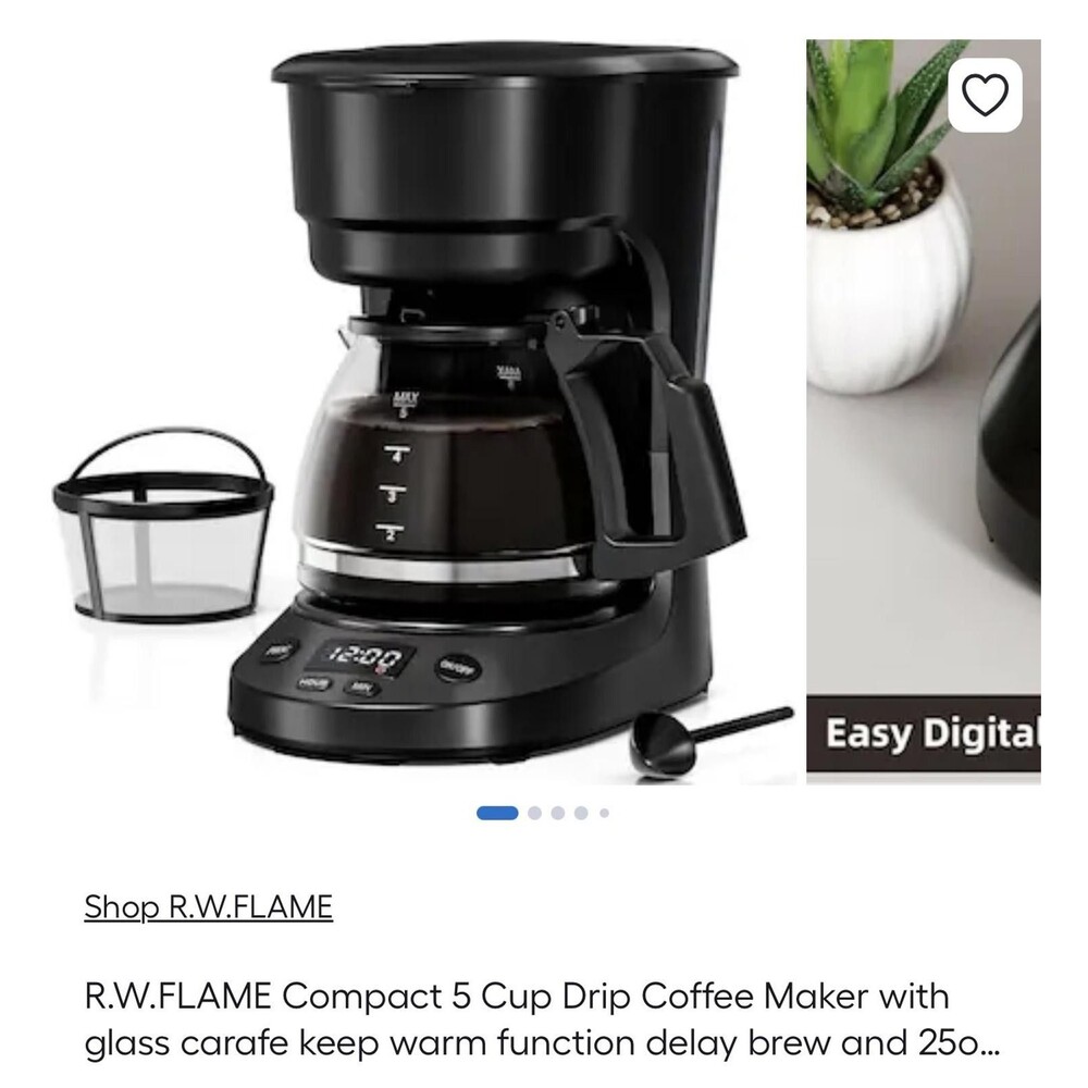 Compact 5 Cup (25 OZ) Drip Coffee Maker with Glass Carafe & Digital Controls
